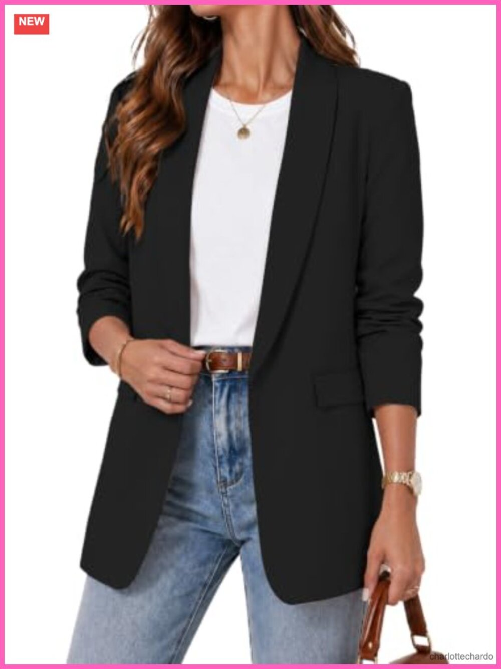Open Front Ruched 3/4 Sleeve Blazer Business Casual Pockets Lightweight